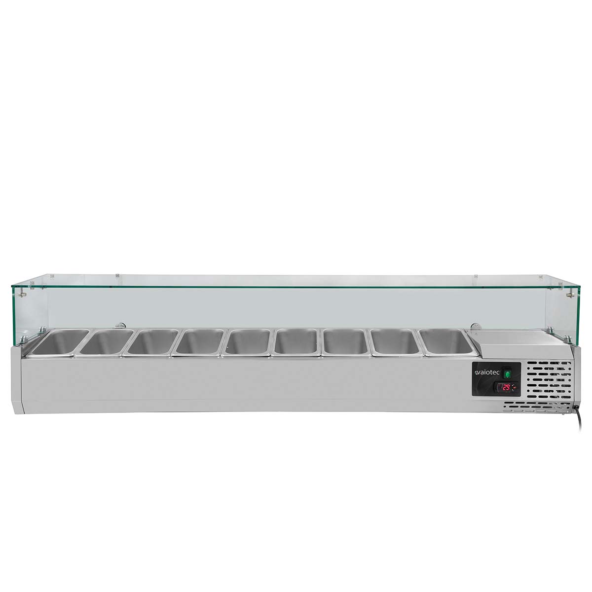 Vaiotec EASYLINE Kühlaufsatz "330" (inkl. Glasabdeckung, 9xGN1/4), Edelstahl und Glas, 0,145kW, 230V, 1800x335x435mm