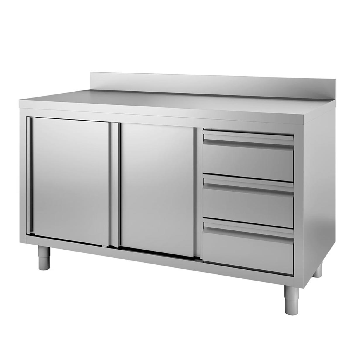 Vaiotec TOPLINE Arbeitsschrank "600" (2 Schiebetüren, 3 Schubladen & Aufkantung), Edelstahl, Silber, 1800x600x900mm