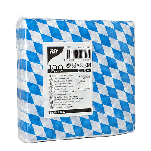 Papstar 3.600x Servietten "Bayrisch Blau" (1-lagig 1/4-Falz), Papier, Blau und Weiß, 33x33cm