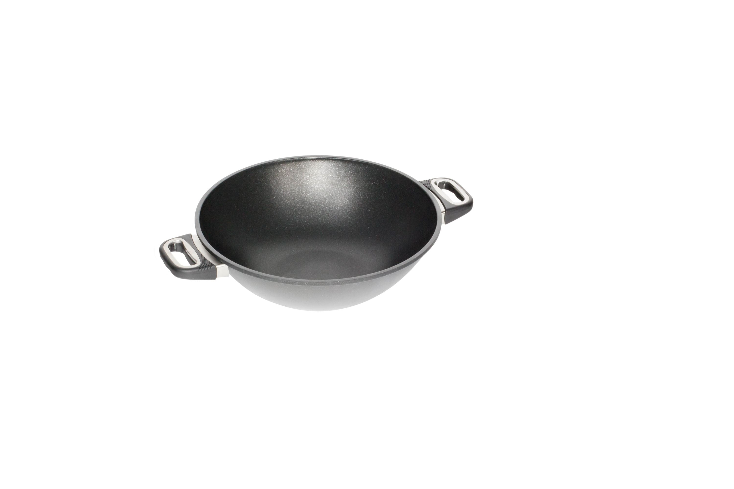 AMT Wok (Mit Seitengriffen), Aluminiumguss, Schwarz, Durchmesser: 32-36cm. Höhe: 9cm