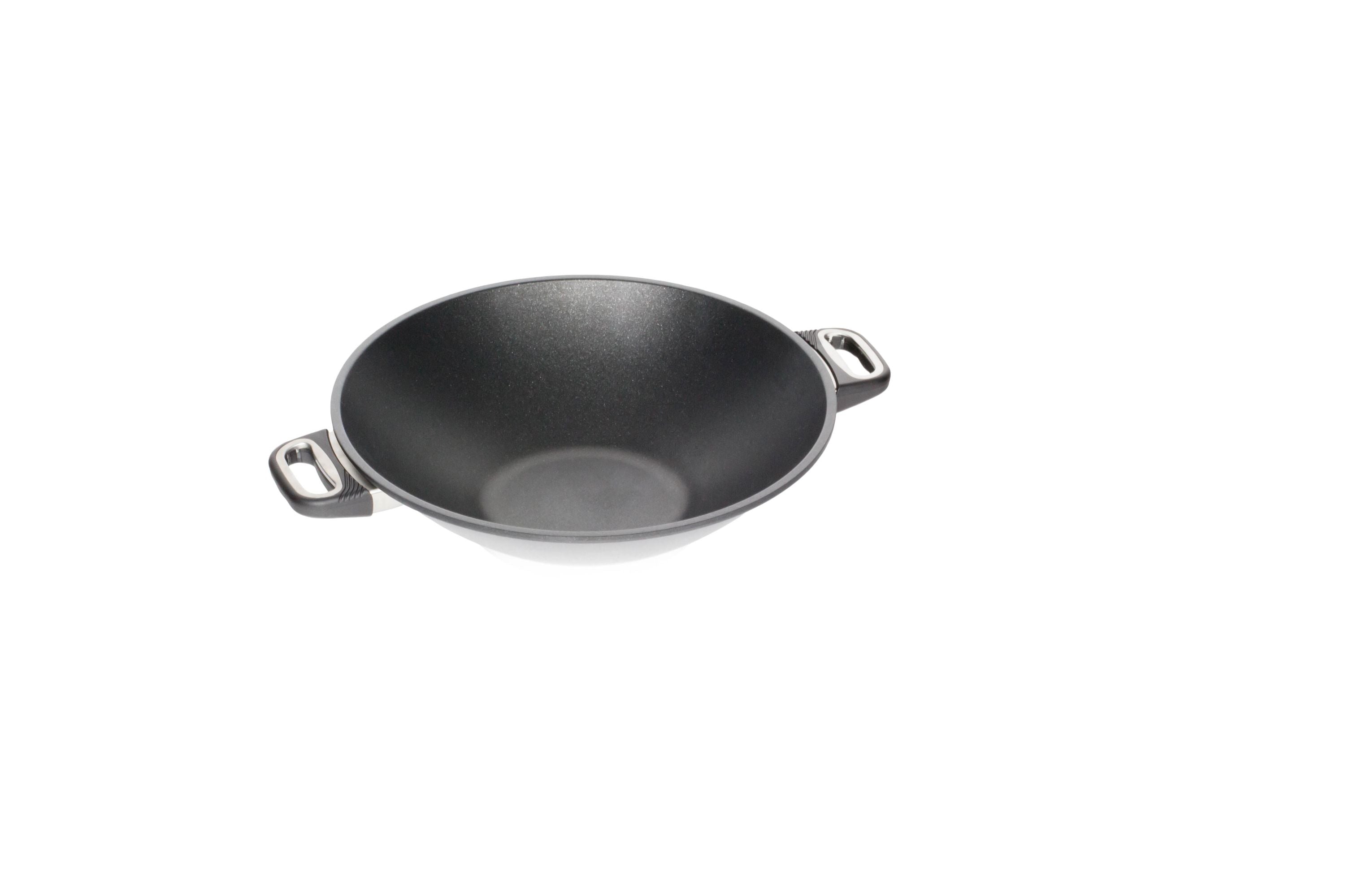 AMT Wok (Mit Seitengriffen), Aluminiumguss, Schwarz, Durchmesser: 32-36cm. Höhe: 9cm