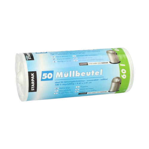 Papstar 9x 50 Müllbeutel, HDPE 60 l 81 cm x 63 cm weiss