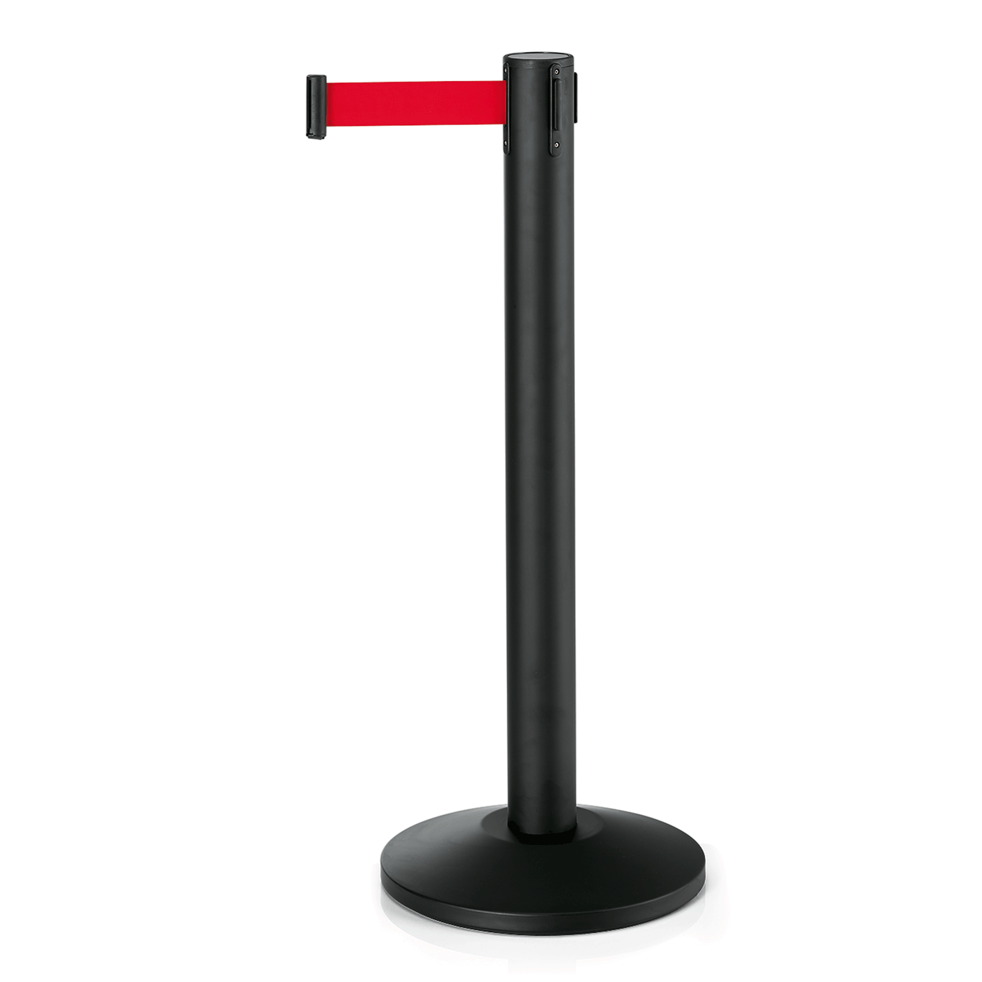 WAS Germany 2x Abgrenzungspfosten (Mit rotem Gurtband, 4 Wege System), Edelstahl, Serie: LARGEFLEX, Schwarz, Höhe: 95cm, Gurtband: 450cm (1215145)