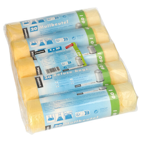 Papstar 500 Müllsäcke (mit Zugband), HDPE-Folie, Gelb, Inhalt: 60L, 71x64cm
