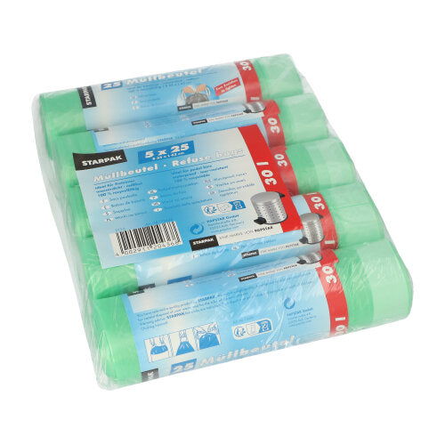 Papstar 5x 125 Müllbeutel mit Zugband, HDPE 30 l 62 cm x 55 cm grün