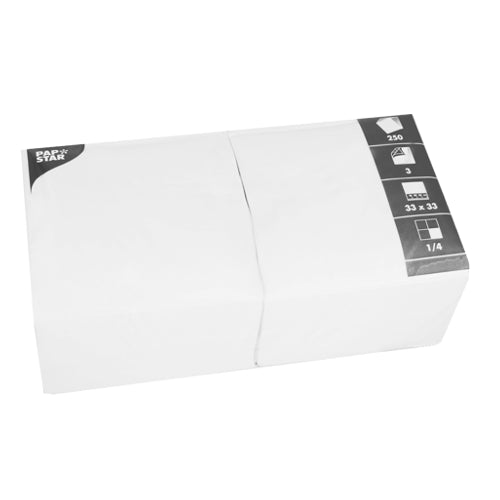 Papstar 1.000 Servietten, 3-lagig 1/4-Falz, Farbe: weiß, Maße: 33cm x 33cm