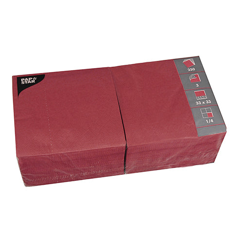 Papstar 1.000 Servietten, 3-lagig 1/4-Falz 33 cm x 33 cm bordeaux