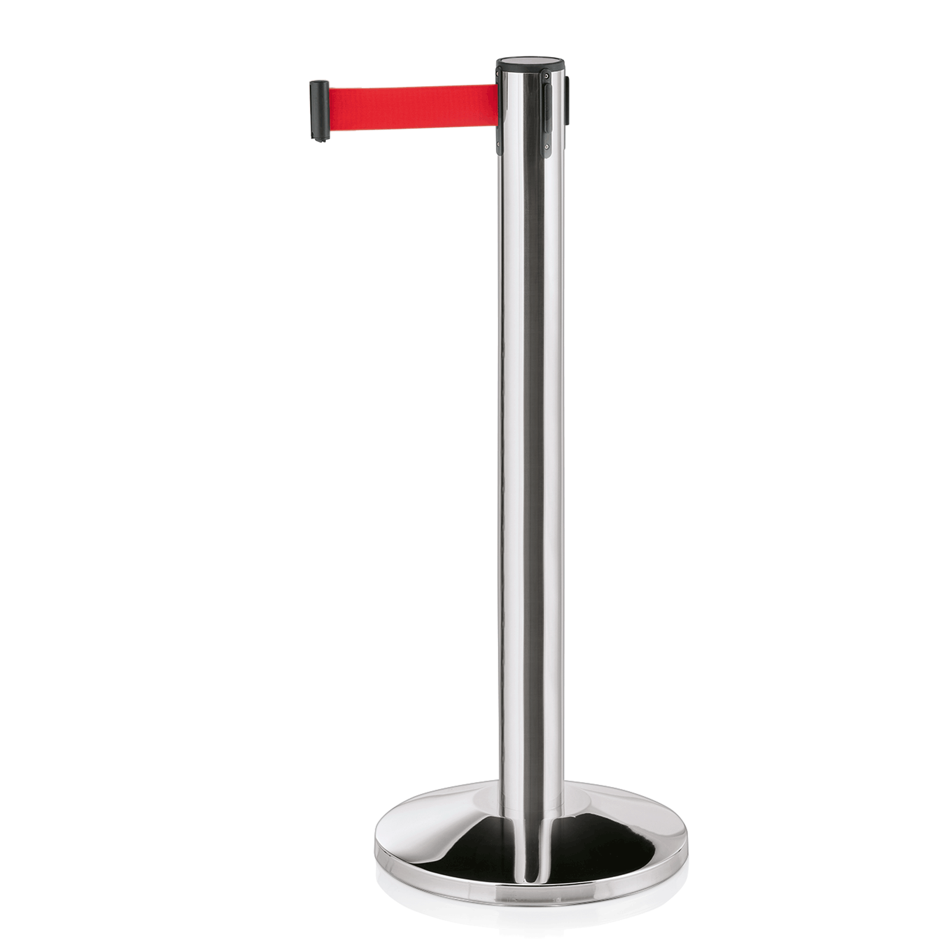 WAS Germany 2x Abgrenzungspfosten mit rotem Gurtband, 4 Wege System, Edelstahl, Hochglanzpoliert, Höhe:95cm, Gurtband:450cm (1315145)