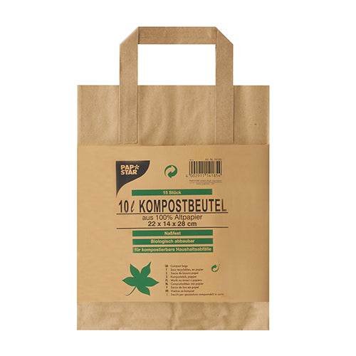 Papstar 20x 15 Kompostbeutel aus Papier mit Henkel 10 l 28 cm x 22 cm x 14 cm braun "bedruckt"
