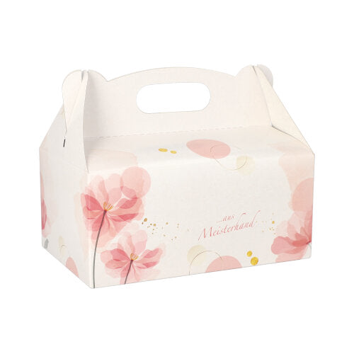 Papstar 10x 20 Gebäck-Kartons, Pappe eckig 20 cm x 13 cm x 9 cm rosé mit Tragegriff