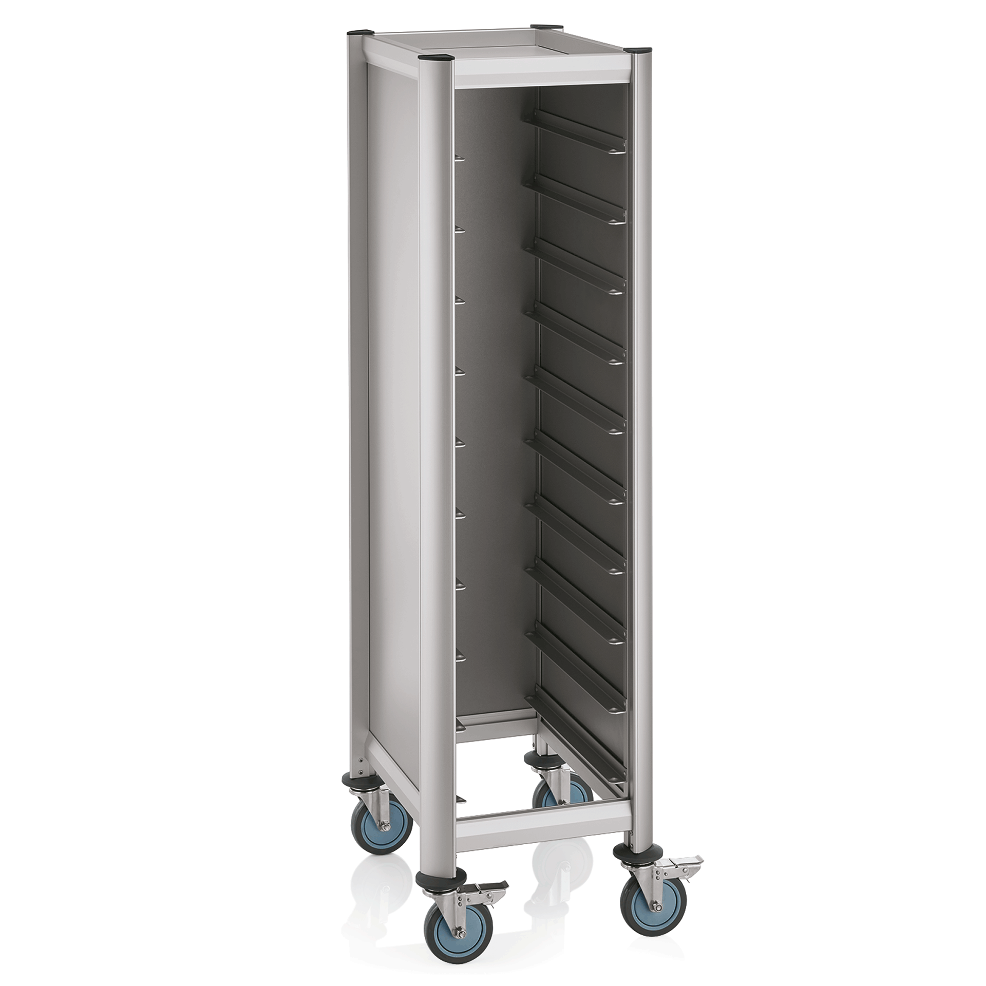 WAS Germany GN Tablettwagen (Für 10 GN1/1 Tabletts), Aluminium und MDF, Serie: MENSA, Silber, 60,5x44,5x165cm (1955530)