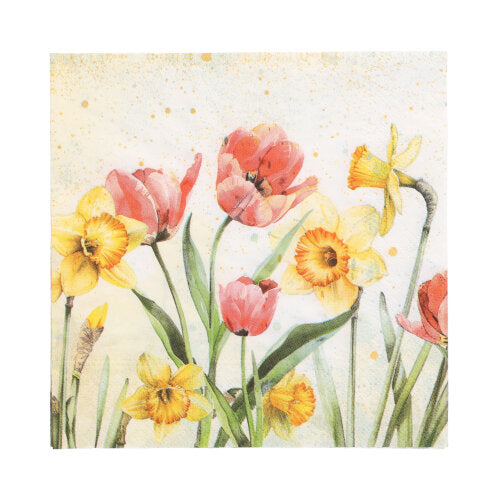 Papstar 6x 100 Servietten, Bunt, "Tulips & Daffodils", 3-lagig, 1/4-Falz, 33x33cm