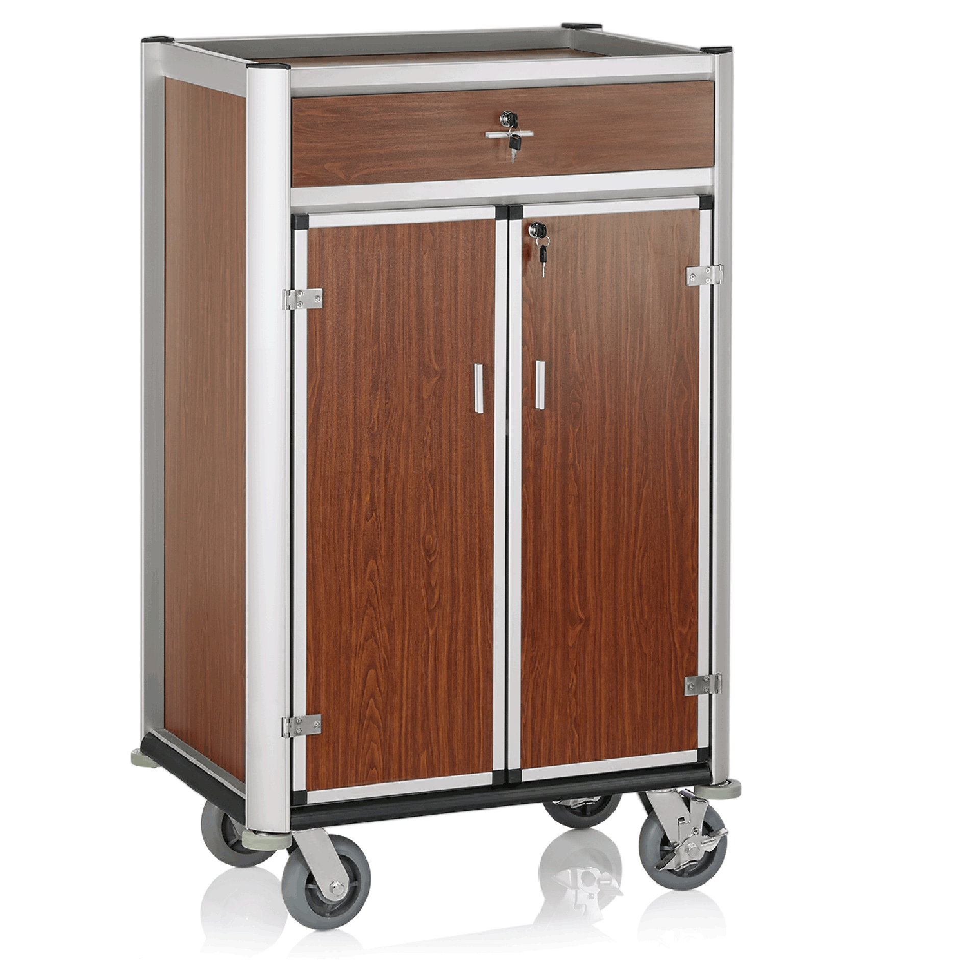 WAS Germany Minibarversorgungswagen (Mit abschließbaren Türen und einer Schublade), Aluminium und MDF, Holzoptik, 84x60x135cm (4448000)