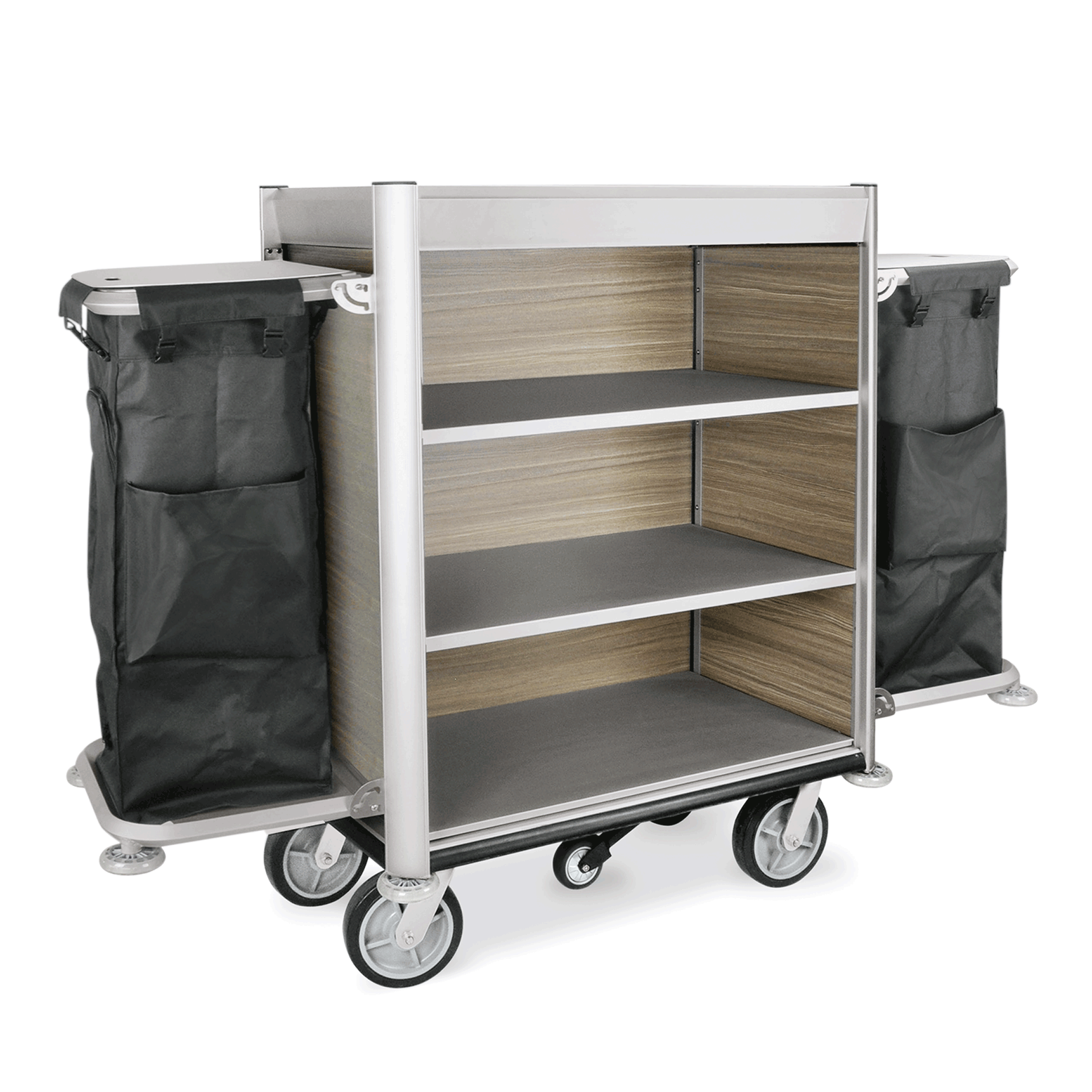 WAS Germany Zimmerservicewagen (Mit 2 Wäschesäcken), Aluminium und MDF, Serie: HEIDI, Schwarz, Braun, Silber, 191x64x139cm (4450003)