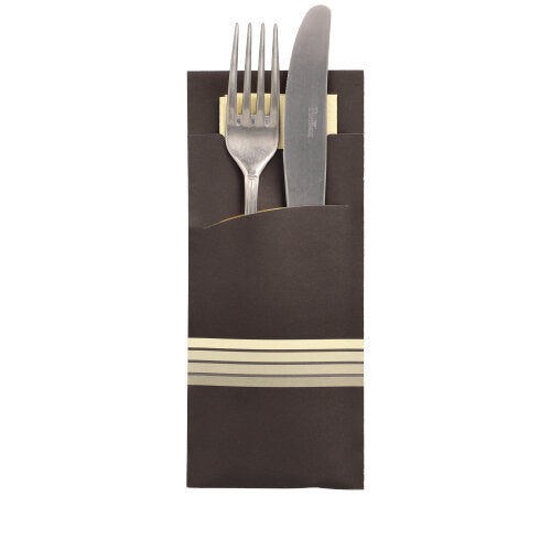 Papstar 1x 520 Bestecktaschen 20 cm x 8,5 cm schwarz/creme "Stripes" inkl. farbiger Serviette 33 x 33 cm 2-lag.