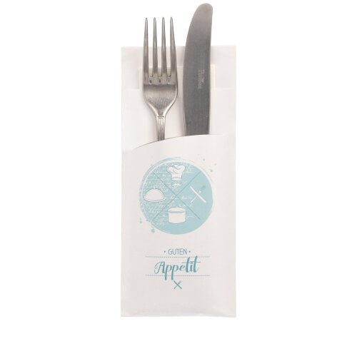 Papstar 1x 520 Bestecktaschen 20 cm x 8,5 cm weiss "Guten Appetit" inkl. weißer Serviette 33 x 33 cm 2-lag.