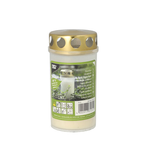 Papstar 28x Öl-Licht T3, 100 % Pflanzenfett Ø 6,5 cm · 12,5 cm weiss transparente Hülle, mit Golddeckel