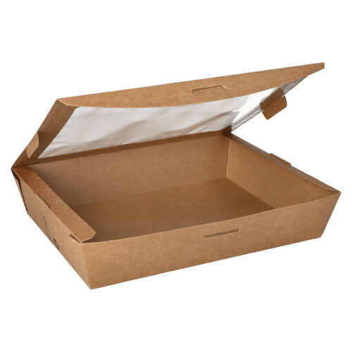 Papstar 3x 40 Feinkostboxen, Pappe mit Sichtfenster aus PLA "pure" eckig 1500 ml 4,5 cm x 21 cm x 16 cm braun "100% Fair"