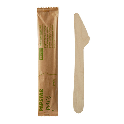 Papstar 10x 50 Messer, Holz "pure" 16,5 cm einzeln verpackt in Papierbeutel