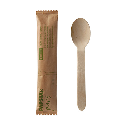 Papstar 500 Löffel einzeln verpackt in Papierbeutel, Material: Holz, Serie: Pure, Länge: 16cm