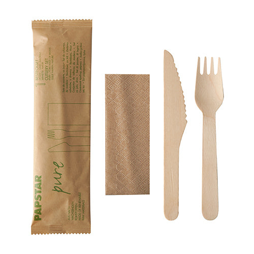 Papstar 50x Besteckset (Messer, Gabel & Serviette), Holz, Serie: Pure