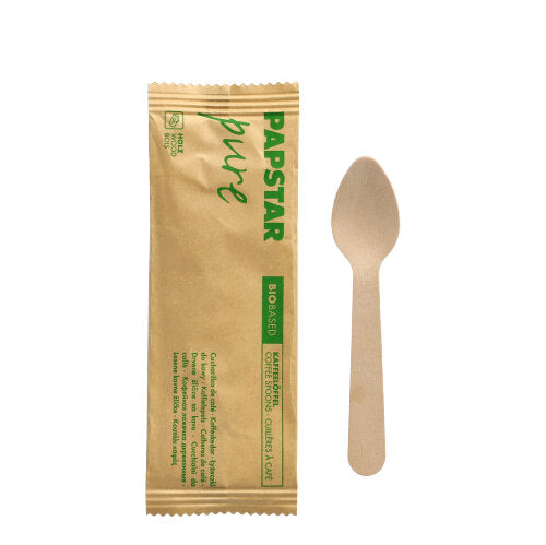 Papstar 10x 50 Kaffeelöffel, Holz "pure" 11 cm einzeln verpackt in Papierbeutel
