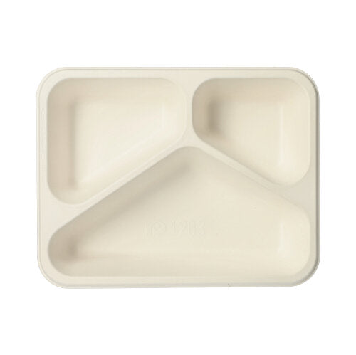 Papstar 4x 125 Siegelschalen, Zuckerrohr 3-geteilt 1150 ml 4,5 cm x 17,5 cm x 22,5 cm weiss