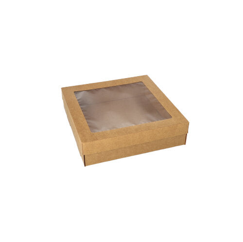 Papstar 4x 25 Transport- und Catering-Kartons, Pappe eckig 6 cm x 22,5 cm x 22,5 cm braun mit separatem Deckel und Sichtfenster aus PET