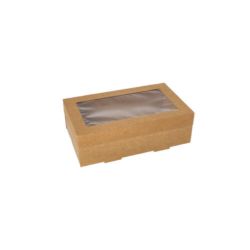 Papstar 4x 25 Transport- und Catering-Kartons, Pappe eckig 8 cm x 15,3 cm x 25,5 cm braun mit separatem Deckel und Sichtfenster aus PET