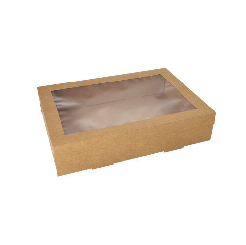 Papstar 5x 10 Transport- und Catering-Kartons, Pappe eckig 8 cm x 25,2 cm x 35,9 cm braun mit separatem Deckel und Sichtfenster aus PET