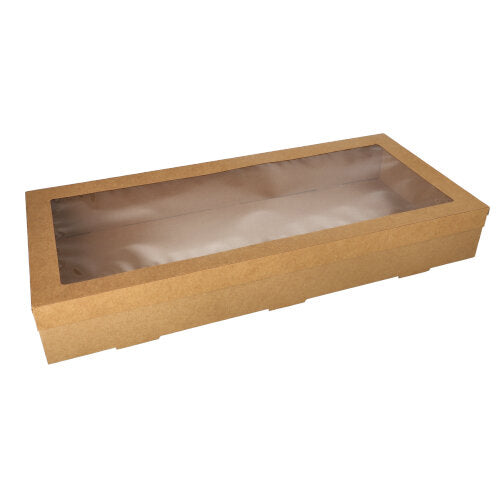 Papstar 5x 10 Transport- und Catering-Kartons, Pappe eckig 8 cm x 25,2 cm x 55,8 cm braun mit separatem Deckel und Sichtfenster aus PET