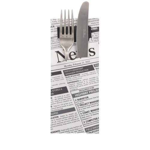 Papstar 1x 520 Bestecktaschen 20 cm x 8,5 cm schwarz/weiss "Newsprint" inkl. schwarzer Serviette 33 x 33 cm 2-lag.