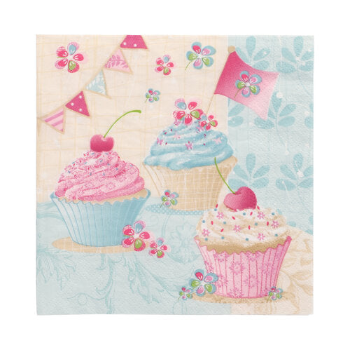 Papstar 200 Servietten, 3-lagig 1/4-Falz 33 cm x 33 cm "Birthday Cup Cakes"