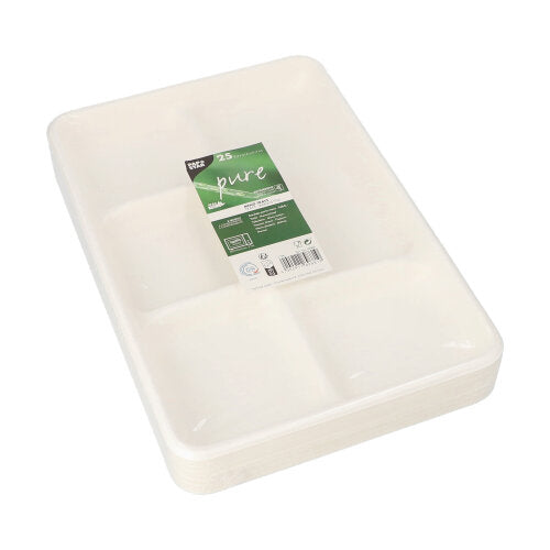 Papstar 100x Menü-Trays (5-geteilt), Zuckerrohr, Weiß, Serie: Pure, 21,6x31,7x2,4cm