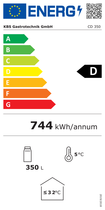 KBS Kühlschrank (mit Glastür), Stahl, Kunststoff und Glas, Weiß, 0,23kW, 230V, 350L, 600x600x1730mm (CD 350)