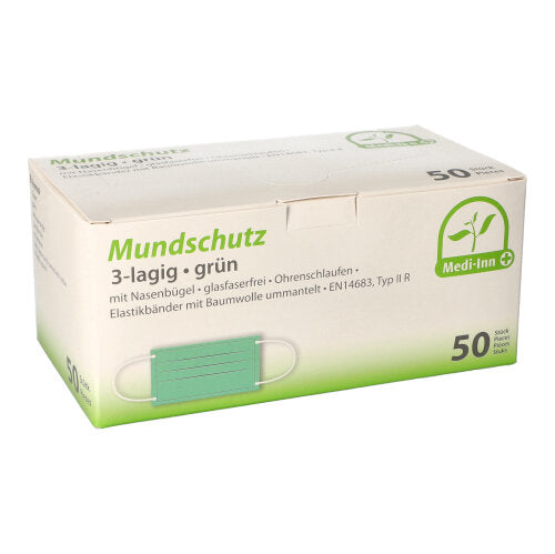 Papstar 10x 50 "Medi-Inn®" Mundschutz Type IIR 3-lagig 9 cm x 17,5 cm grün mit Nasenbügel und Elastikbänder