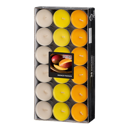 Papstar 8x 36 "Flavour by GALA" Duftlichte Ø 38 mm · 17 mm pfirsich - Mango-Papaya "Ton in Ton"