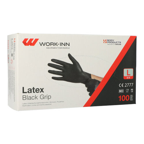 Papstar 10x 100 "WORK-INN/PS" Handschuhe, Naturlatex, Schwarz, Puderfrei, Gripstruktur, Größe: L