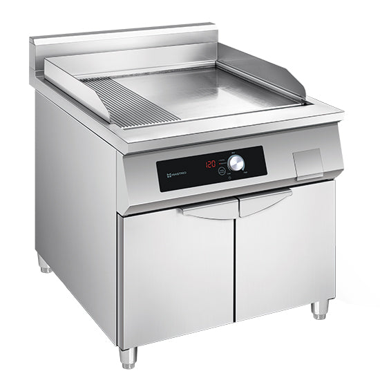 Mastro Induktions-Grillplatte 1/3 gerillt und 2/3 glatt auf Unterbau mit Tür
