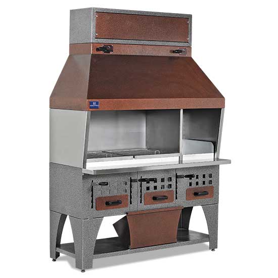 Mastro Holzkohlegrill (Auf Unterschrank mit Ascheschubladen und Abzugshaube, 3 Grillzonen), Edelstahl und Holz, 2150x750x2150mm