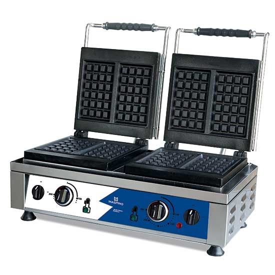 Mastro Waffeleisen "Brüsseler Waffelform", Edelstahl und Gusseisen, Silber, Schwarz und Blau, 4,4kW, 220-240V, 600x320x300mm