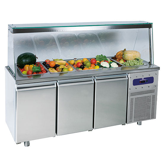 Mastro Saladette mit 3 Türen GN 1/1 und Glasstruktur, 5x GN 1/1 H=150 mm, -2°/+8°C