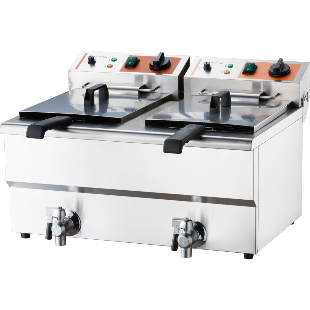 CATERINA Elektro-Fritteuse (Doppelbecken, inkl. Ablasshahn) , Edelstahl, 2x3kW, 230V, Inhalt: 20L, 610x510x390mm