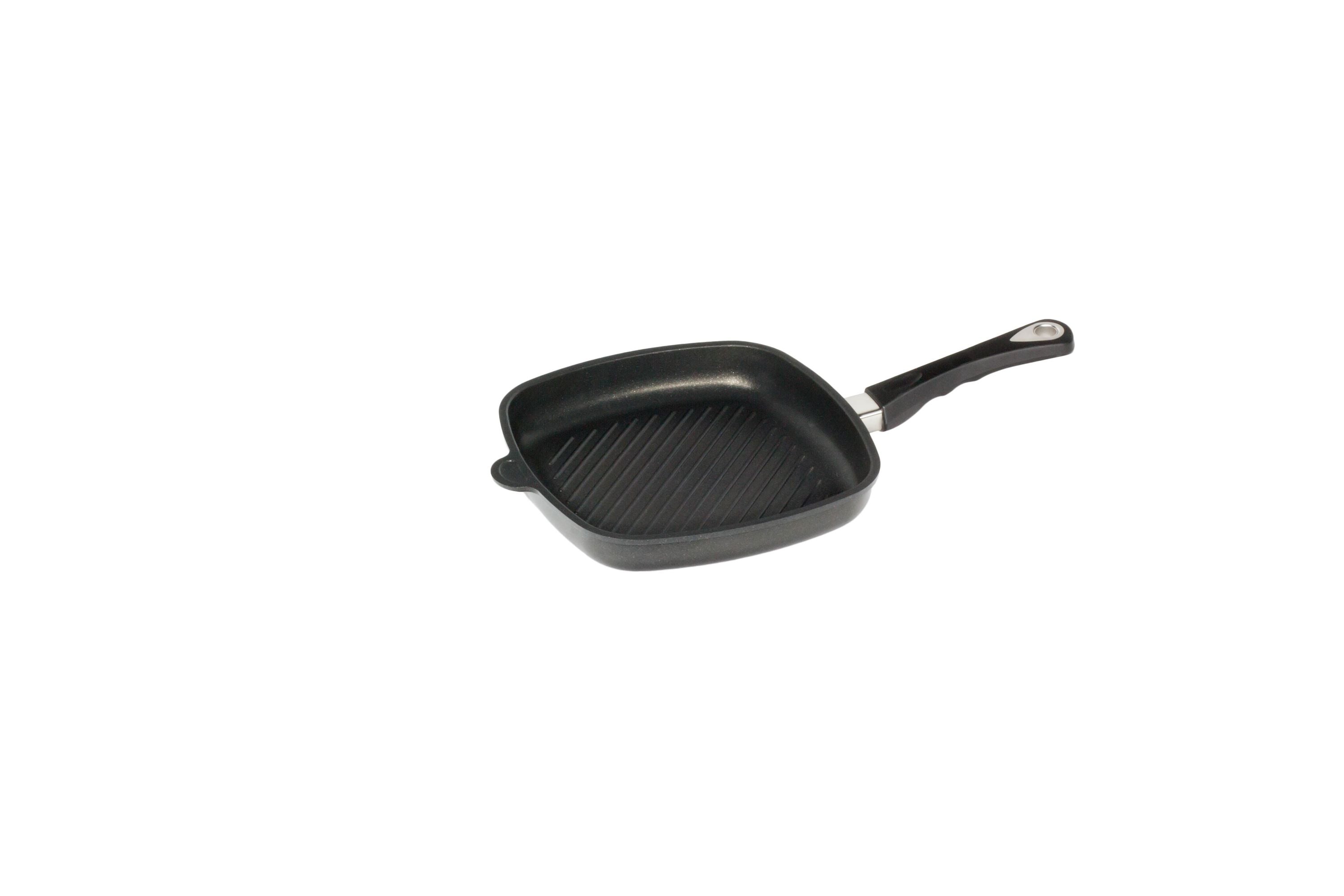 AMT Eckpfanne (Mit Grillboden, mit festem Stiel), Aluminiumguss, Schwarz, Abmessungen: 20x20cm, 26x26cm, 28x28cm