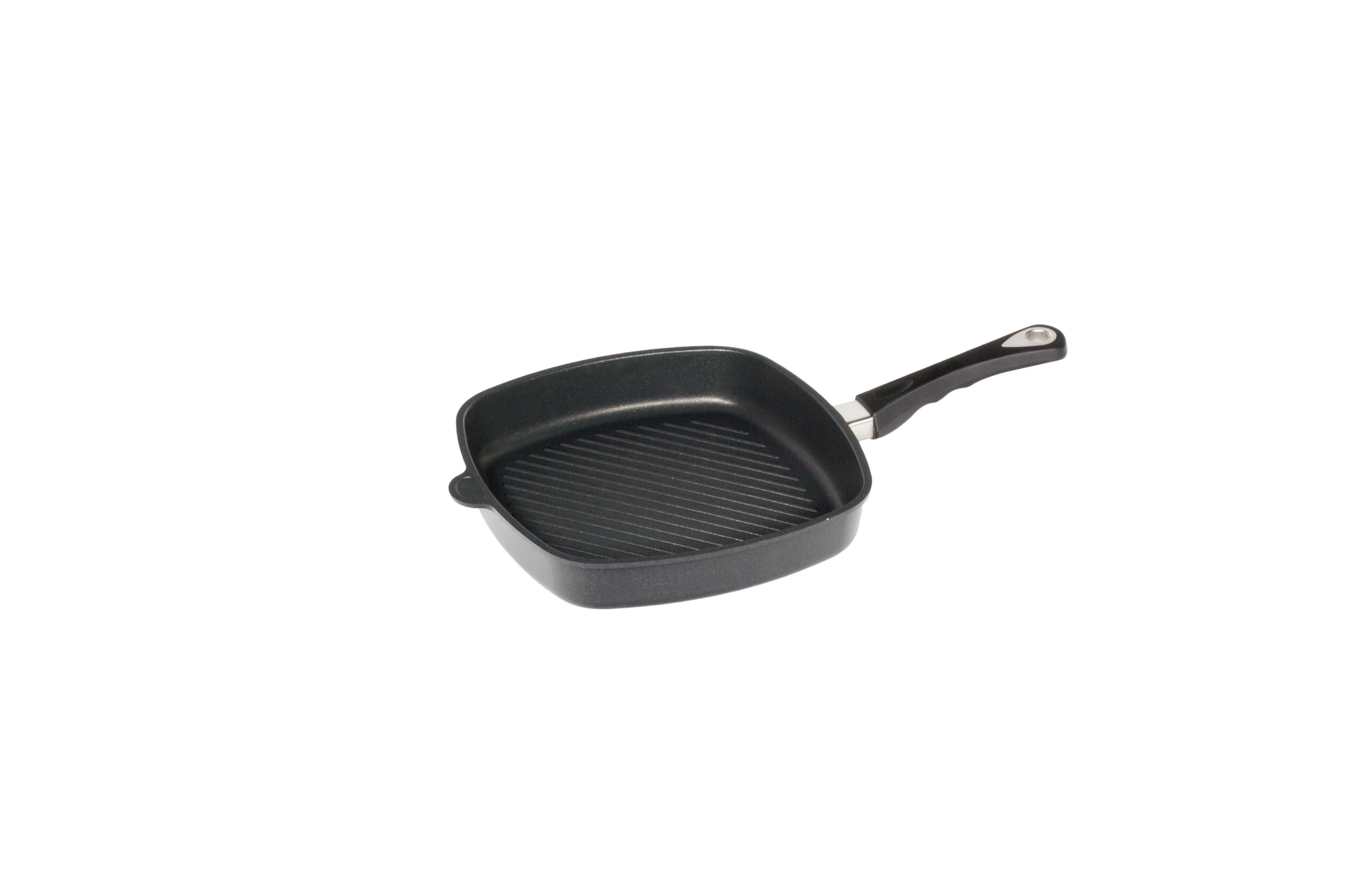 AMT Eckpfanne (Mit Grillboden, mit festem Stiel), Aluminiumguss, Schwarz, Abmessungen: 20x20cm, 26x26cm, 28x28cm