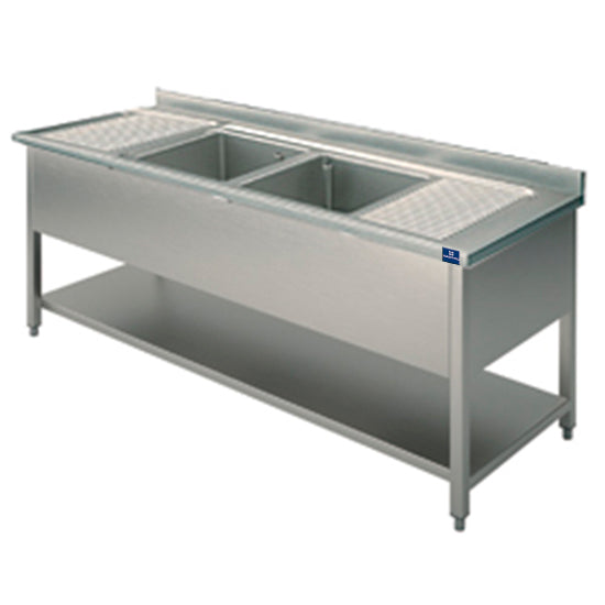 Mastro Spültisch, 2 Becken, 2 Tropftassen, auf Beinen, mit Zwischenboden, 2000x700 mm