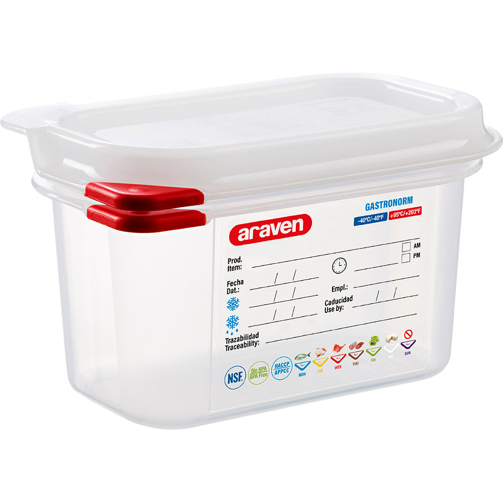 ARAVEN GN-Behälter (GN1/9-100mm, mit Deckel), Polypropylen, Transparent, Inhalt: 1L, 108x176x100mm
