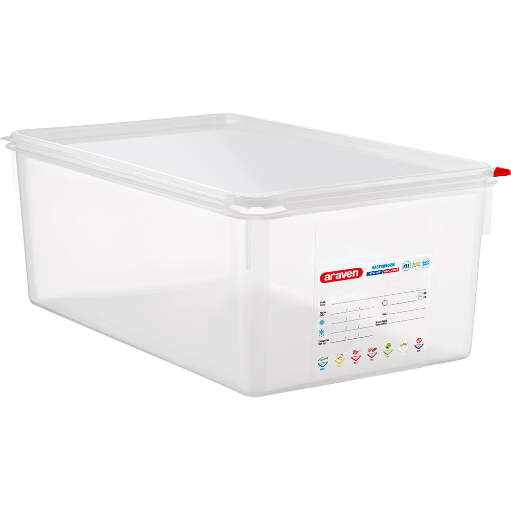 ARAVEN GN-Behälter (GN1/1-200mm, mit Deckel), Polypropylen, Transparent, Inhalt: 28L, 325x530x200mm