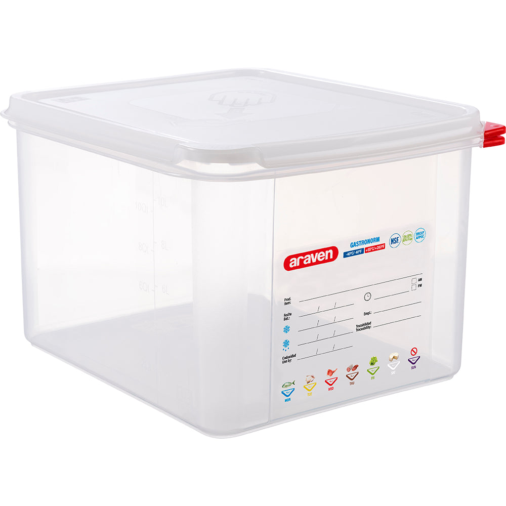 ARAVEN GN-Behälter (GN1/2-200mm, mit Deckel), Polypropylen, Transparent, Inhalt: 12,5L, 325x265x200mm