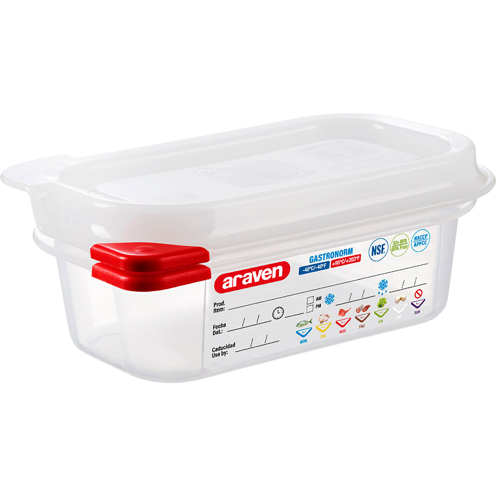 ARAVEN GN-Behälter (GN1/9-65mm, mit Deckel), Polypropylen, Transparent, Inhalt: 600ml, 108x176x65mm